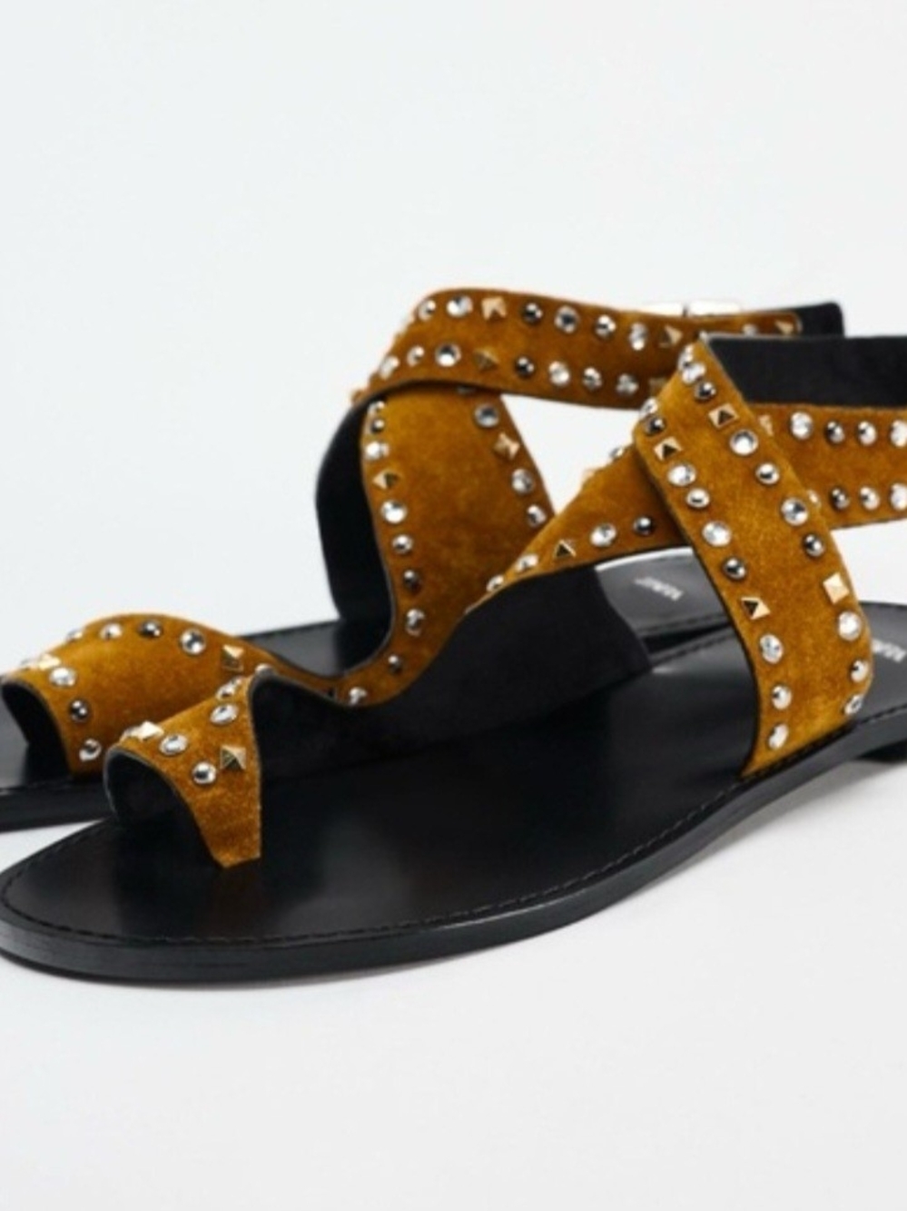 Zara Mustard Suede Studded Flat Sandals